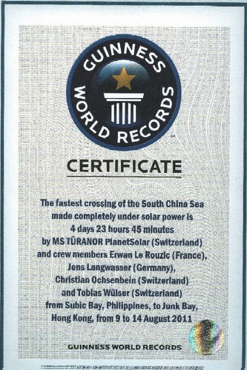 Guinness Book of World Records: The fastest crossing of the South China Sea made completely under solar power is 4 days 23 hours and 45 minutes by MS Turanor Planetsolar, Switzerland, from Subic Bay, Phillipines to Junk Bay Hong Kong from 9 to 14 August 2011