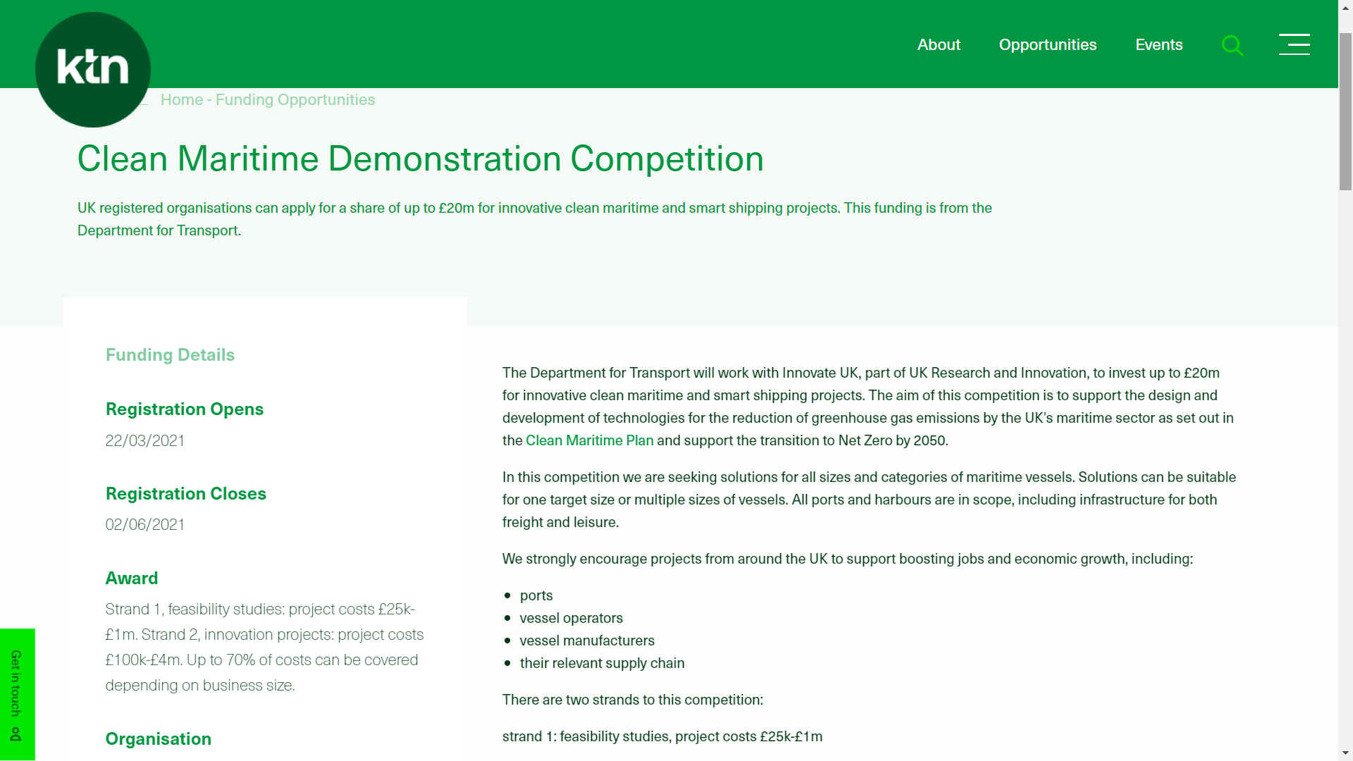 KTN Knowledge Transfer Network and Innovate UK clean maritime demonstration competition