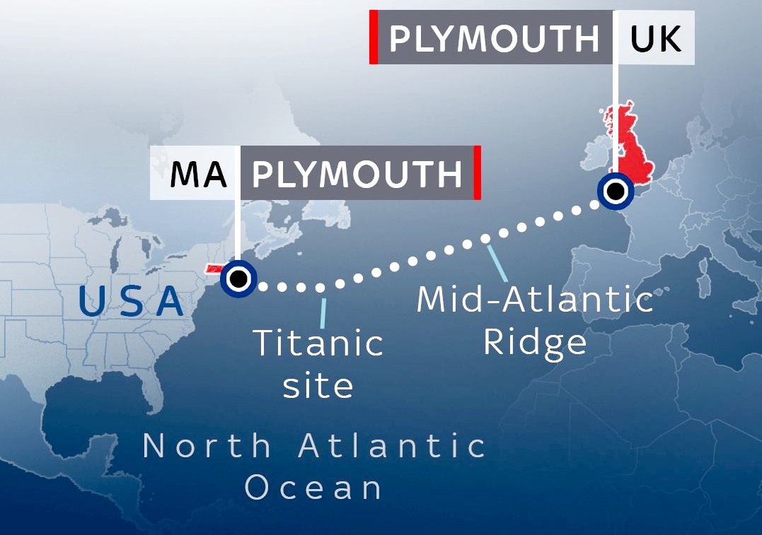 Map of the North Atlantic Ocean, route from Plymouth UK to Cape Cod Massachusetts