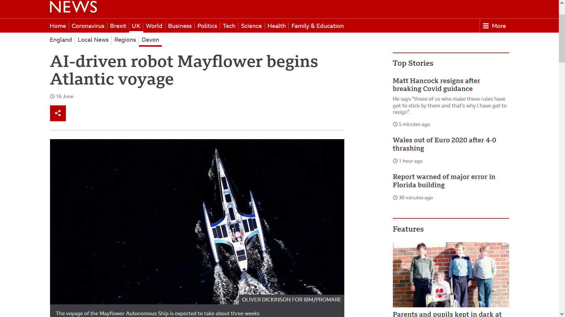 BBC NEWS 16 June 2021 AI driven robot Mayflower begins voyage