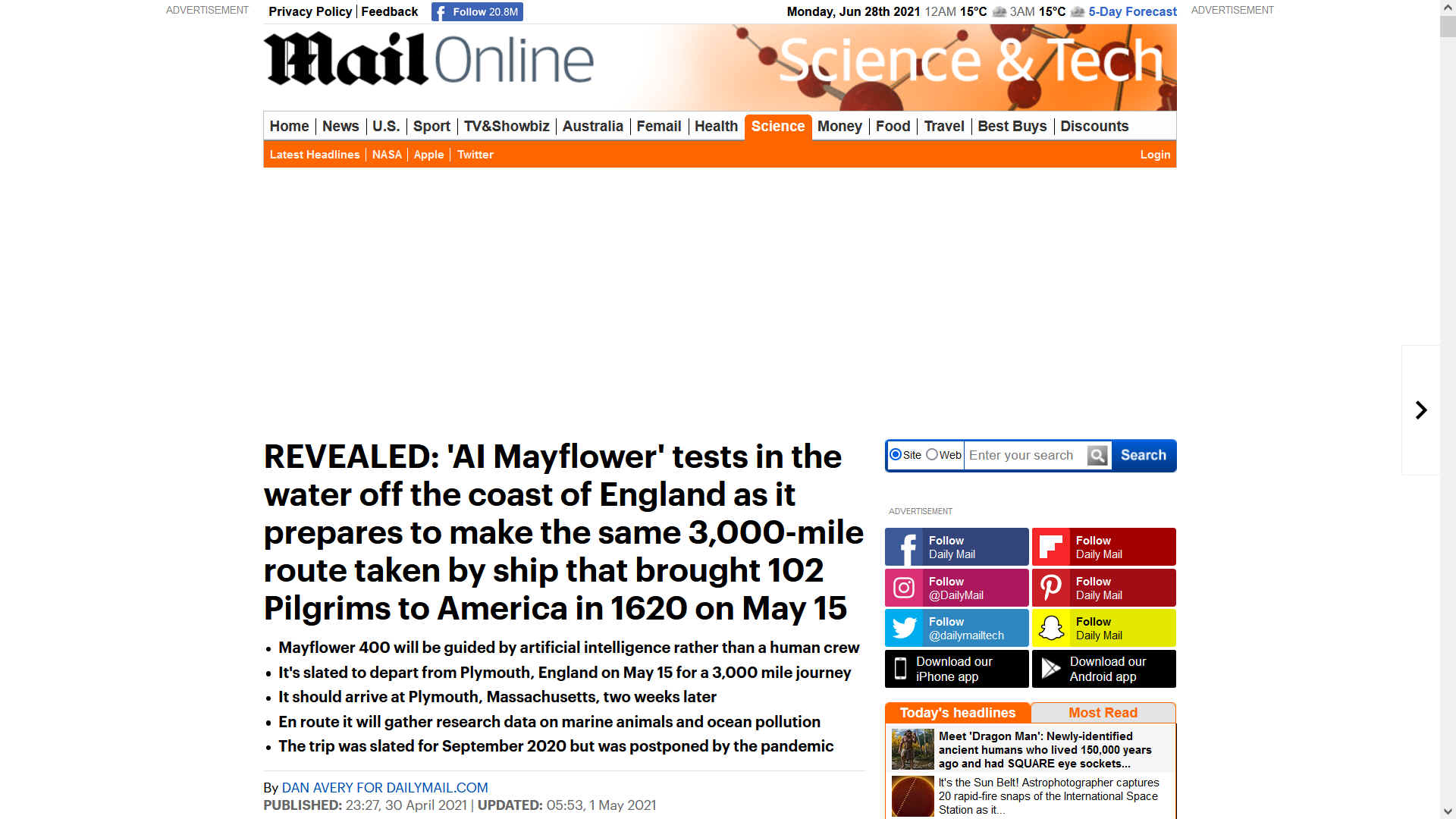 Daily Mail 30th April 2021 Mayflower tests coast of England for Pilgrims voyage 400th anniversary